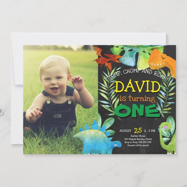 Dinosaur first boy birthday with Photo Invitation (Front)