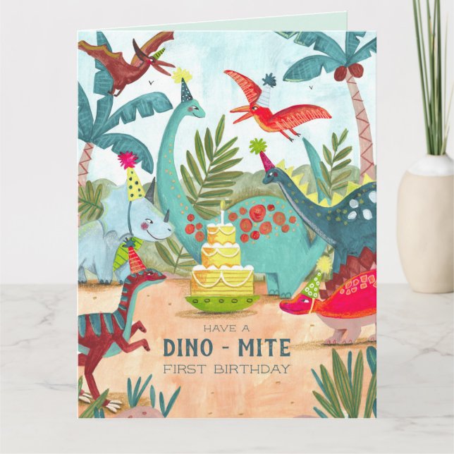 Dinosaur first one boy birthday  card (Front)