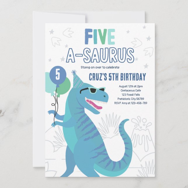 Dinosaur Five A-Saurus 5th Birthday Party T-Rex  Invitation (Front)