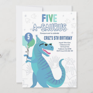 Dinosaur Five A-Saurus 5th Birthday Party T-Rex Invitation