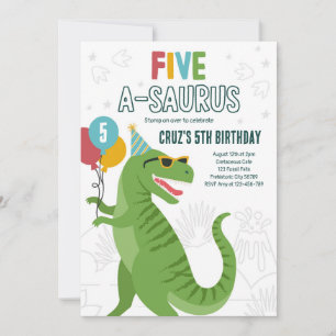 Dinosaur Five A-Saurus 5th Birthday Party T-Rex Invitation