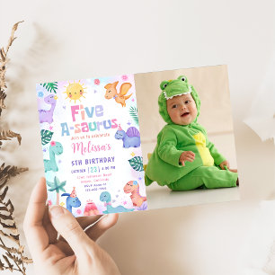 Dinosaur Five-A-Saurus 5th Birthday Photo Invitation