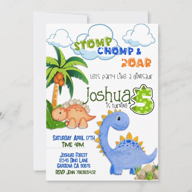 Dinosaur five birthday invitation (Front)