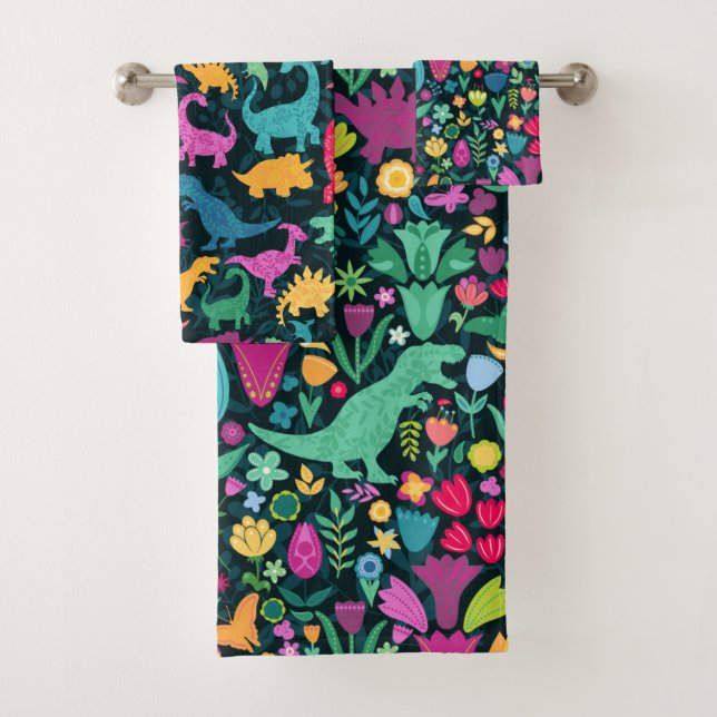 Dinosaur Floral Folk Silhouettes Beautiful Girls Bath Towel Set (Insitu)