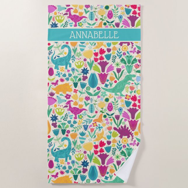 Dinosaur Floral Folk Silhouettes Beautiful Girls Beach Towel (Front)