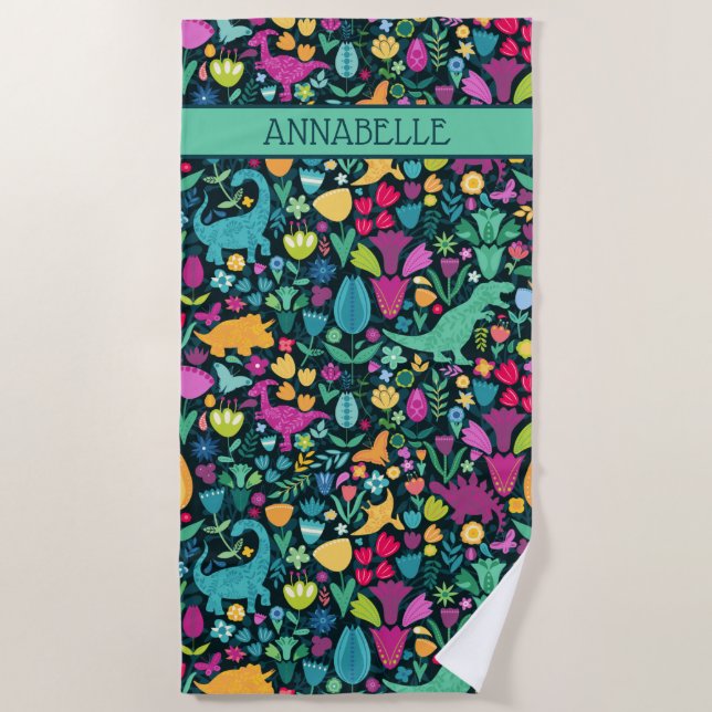 Dinosaur Floral Folk Silhouettes Beautiful Girls Beach Towel (Front)