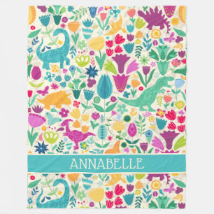 Dinosaur Floral Folk Silhouettes Beautiful Girls Fleece Blanket