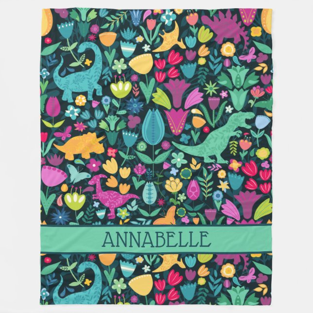 Dinosaur Floral Folk Silhouettes Beautiful Girls Fleece Blanket (Front)