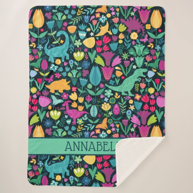 Dinosaur Floral Folk Silhouettes Beautiful Girls Sherpa Blanket (Front)