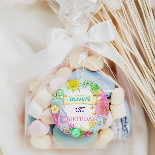 Dinosaur Floral Glitter Baby Girl 1st Birthday  Classic Round Sticker (Creator Uploaded)