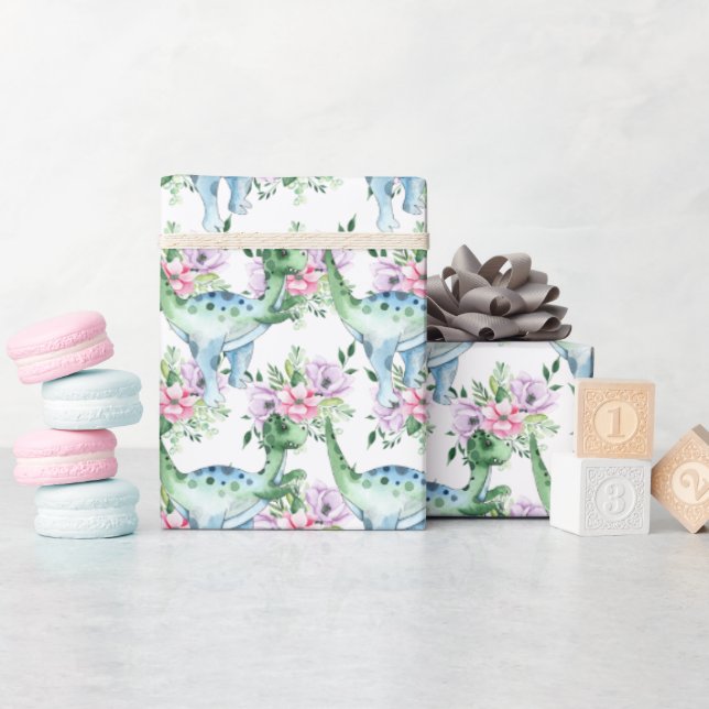 Dinosaur floral watercolor cartoon boys girls  wrapping paper (Baby Shower)