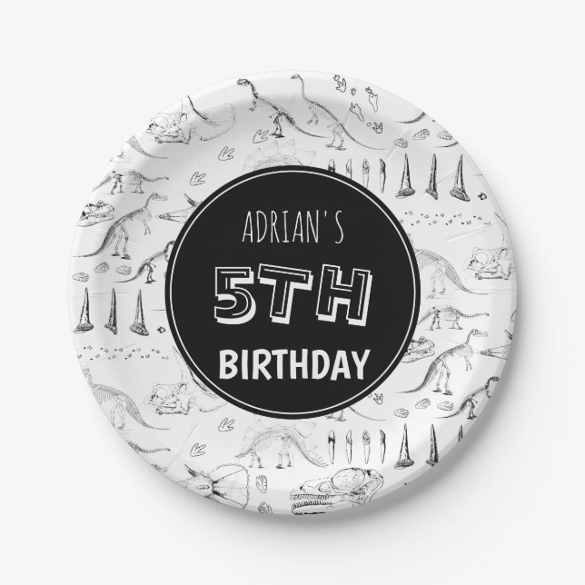 Dinosaur Fossil Bones Pattern Birthday Age  Paper Plate (Front)