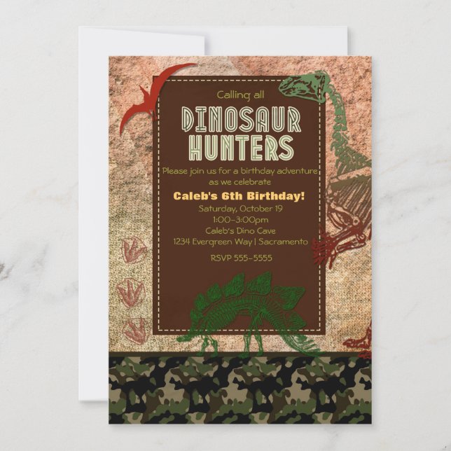 Dinosaur Fossil & Camo Birthday Party Invitations (Front)