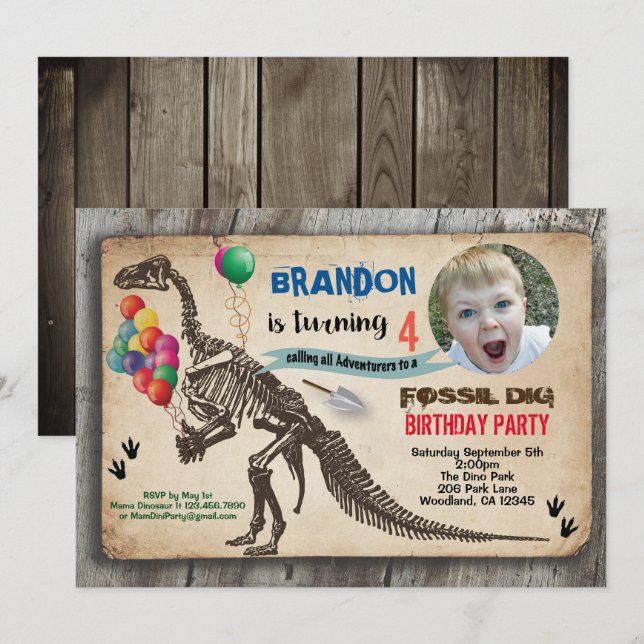 Dinosaur fossil dig birthday photo invitation (Front/Back)