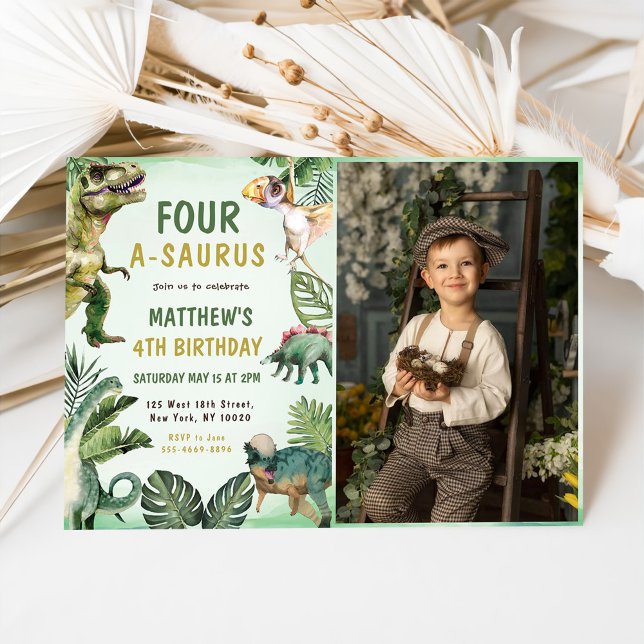 Dinosaur Four-A-Saurus 4th Birthday Party Photo Invitation (Creator Uploaded)