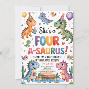 Dinosaur Four A-Saurus 4th Birthday Party T-Rex Invitation