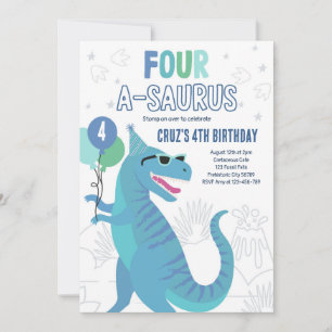 Dinosaur Four A-Saurus 4th Birthday Party T-Rex  Invitation