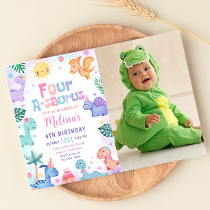 Dinosaur Four-A-Saurus 4th Birthday Photo Invitation
