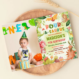 Dinosaur Four-A-Saurus Greenery 4th Birthday Photo Invitation