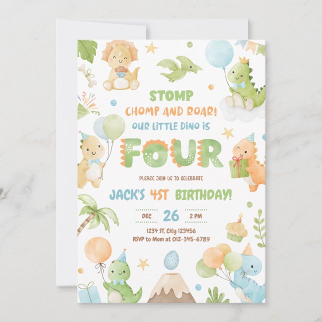 Dinosaur Four Boy 4th Birthday Party Invitation (Front)