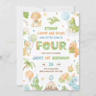 Dinosaur Four Boy 4th Birthday Party Invitation
