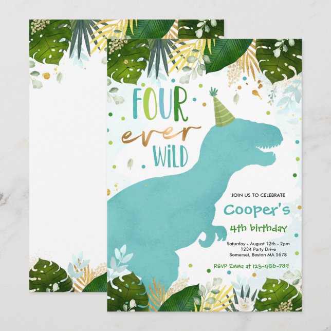 Dinosaur Four Ever Wild Boy Dinosaur 4th Birthday Invitation (Front/Back)