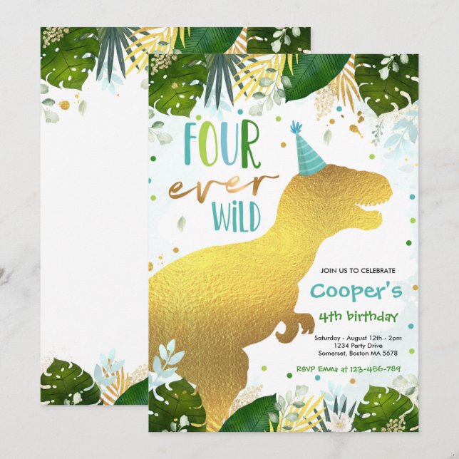 Dinosaur Four Ever Wild Boy Dinosaur 4th Birthday Invitation (Front/Back)