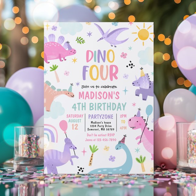 Dinosaur Four Pink T-Rex 4th Birthday Party Invitation (Creator Uploaded)