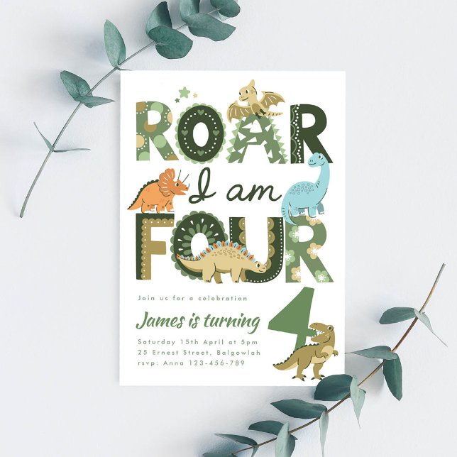Dinosaur Fourth Birthday Invite, Roar I'm Four Invitation (Creator Uploaded)
