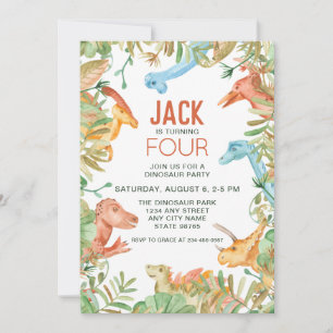 Dinosaur Fourth Birthday Party Invitation