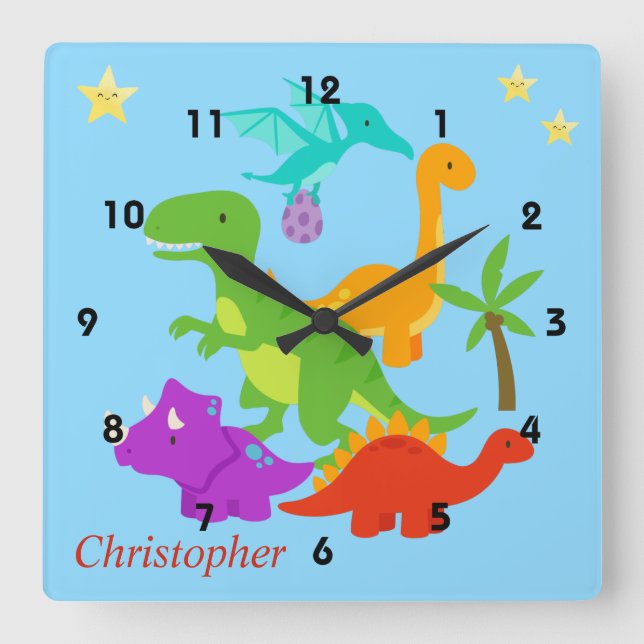 Dinosaur Fun Colorful Blue Square Wall Clock (Front)