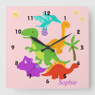Dinosaur Fun Colourful Pink Square Wall Clock