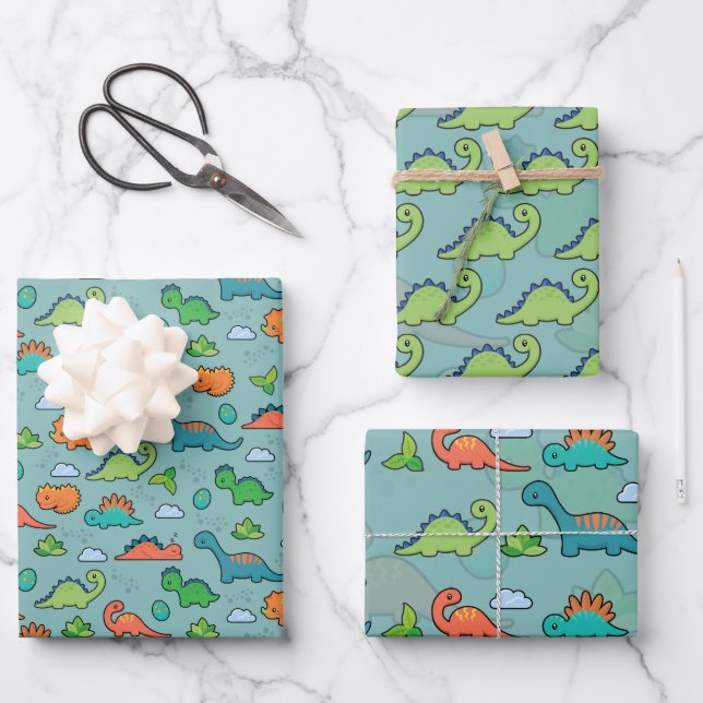Dinosaur Fun Wrapping Paper Flat Sheet Set of 3 (Front)