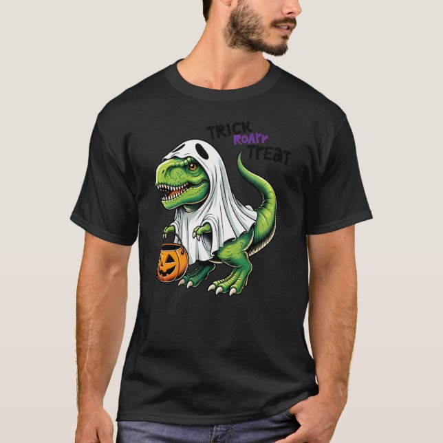Dinosaur Ghost Trick Roar Treat Halloween Dinosaur T-Shirt (Front)