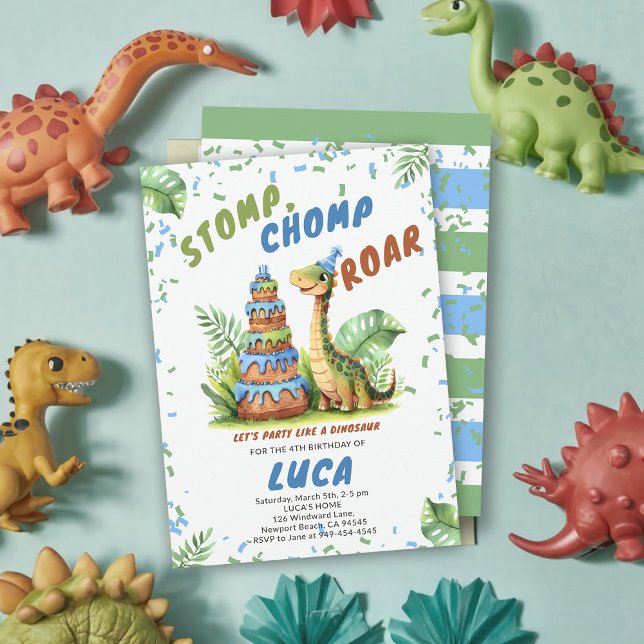 Dinosaur Giant Birthday Cake Cute Watercolor Boy Invitation (dinosaur boy birthday party dino stomp chomp roar funny watercolor giant cake prehistoric wild cute)