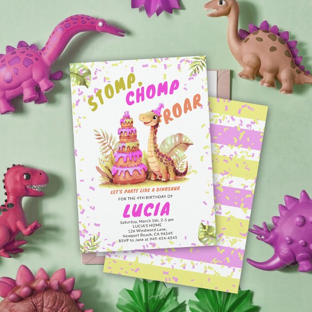 Dinosaur Giant Birthday Cake Cute Watercolor Girl Invitation (dinosaur girl birthday party dino stomp chomp roar funny watercolor giant cake prehistoric wild)