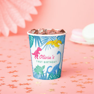 Dinosaur Girl 1st Birthday Colourful Paper Cups