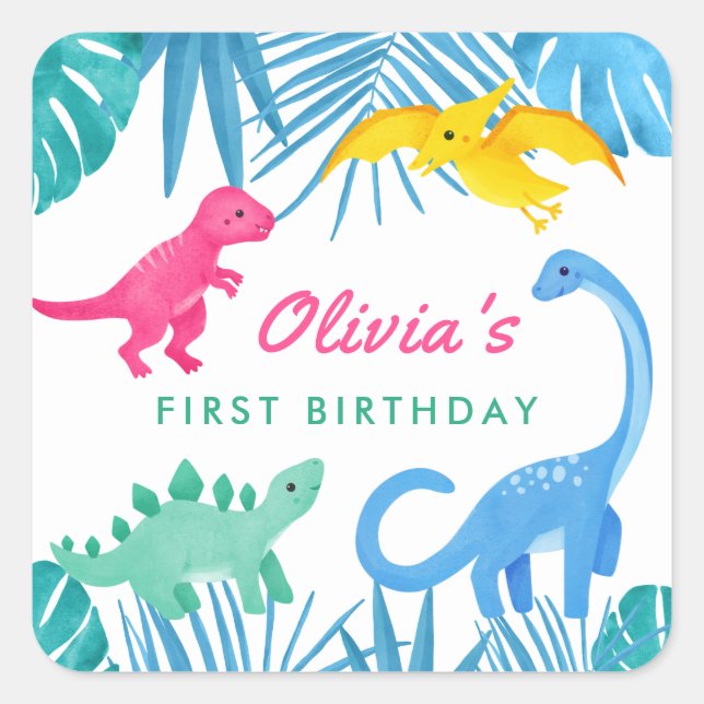 Dinosaur Girl 1st Birthday Colourful Square Sticker (Front)