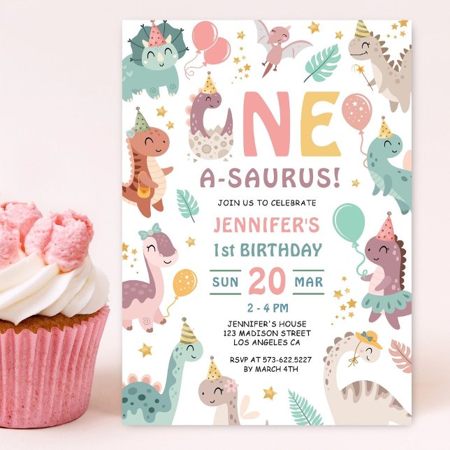 Dinosaur Girl 1st Birthday Invitation (Creator Uploaded)