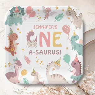 Dinosaur Girl 1st Birthday One A-Saurus Party Paper Plate