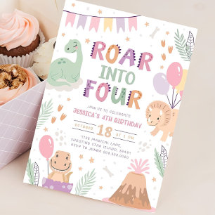 Dinosaur Girl 4th Birthday Invite Cute Baby Dino 4