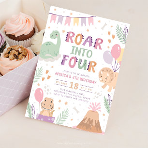 Dinosaur Girl 4th Birthday Invite. Cute Baby Dino  Invitation