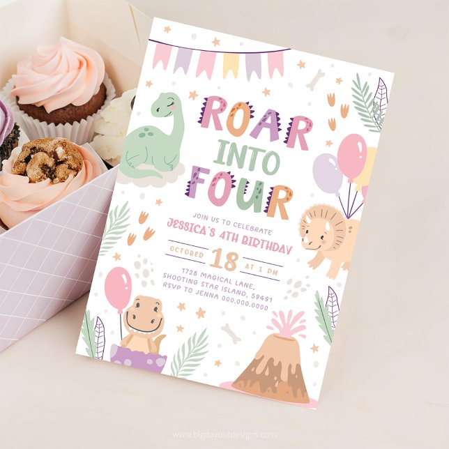 Dinosaur Girl 4th Birthday Invite. Cute Baby Dino  Invitation (Creator Uploaded)