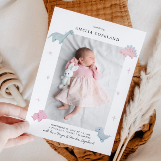 Dinosaur Girl Baby Photo Birth Announcement (Creator Uploaded)