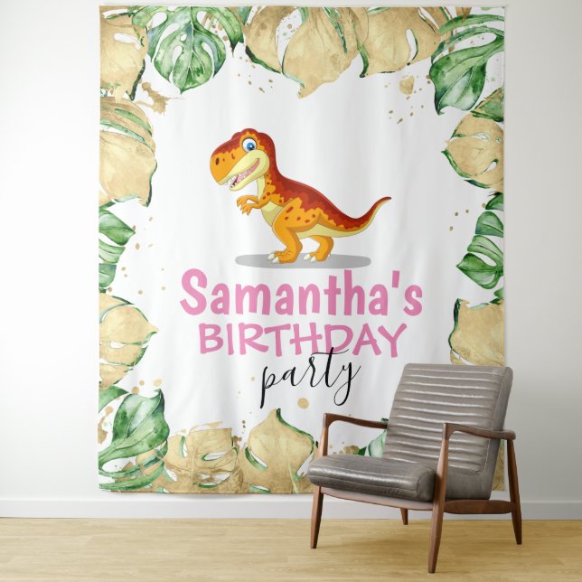 Dinosaur Girl BIRTHDAY Backdrop Tapestry (In Situ)