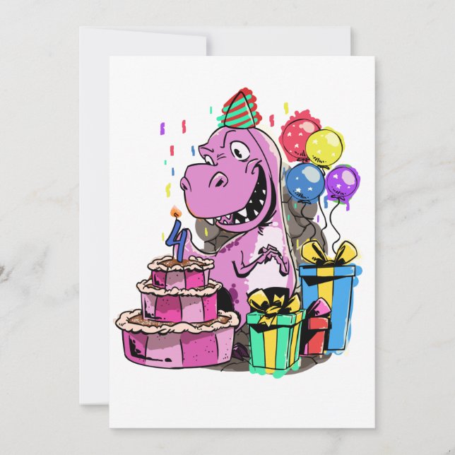 Dinosaur Girl Birthday Party 4 Invitation (Front)