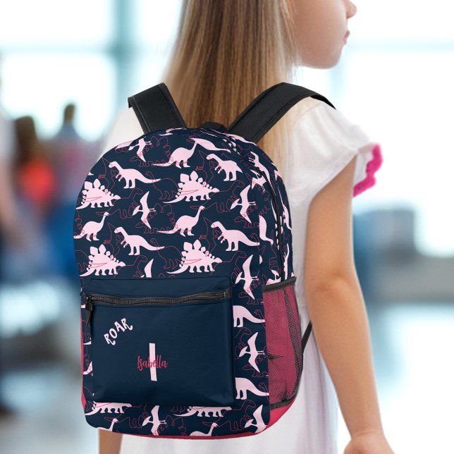 Dinosaur Girl Dark Blue Pink Custom Name Monogram Printed Backpack (Dinosaur Girl Dark Blue Pink Custom Name Monogram Printed Backpack)