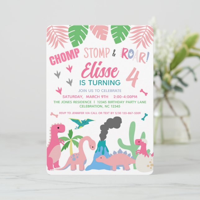 Dinosaur Girl Pink Birthday  Invitation (Standing Front)