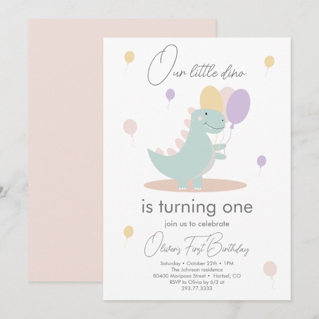 Dinosaur Girl Pink Blue Lila Birthday Party Invitation (Front/Back)