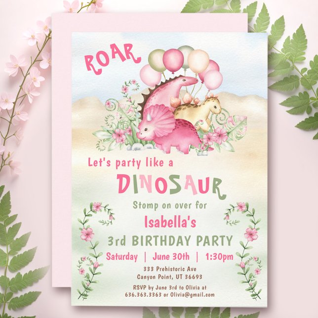 Dinosaur Girl Pink Pastel Cute Floral 1st Birthday Invitation (Dinosaur Girl Pink Pastel Cute Floral 1st Birthday Invitation)